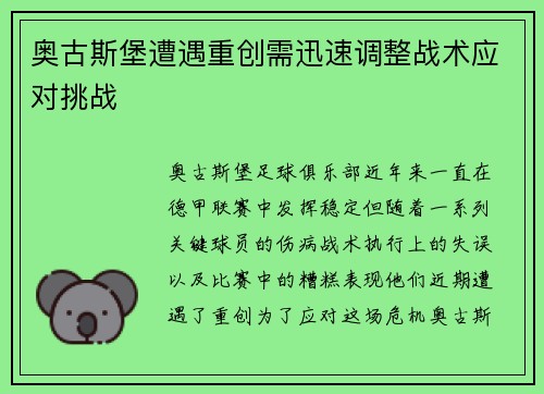 奥古斯堡遭遇重创需迅速调整战术应对挑战