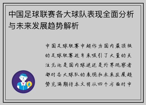 中国足球联赛各大球队表现全面分析与未来发展趋势解析