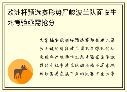 欧洲杯预选赛形势严峻波兰队面临生死考验亟需抢分
